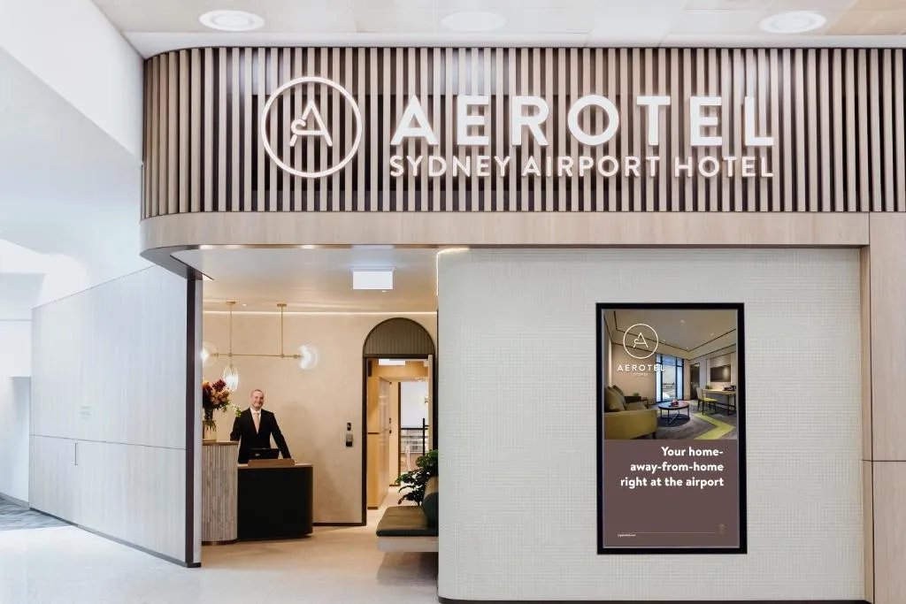 Entrance and reception of Aerotel Sydney Airport Hotel inside the International terminal