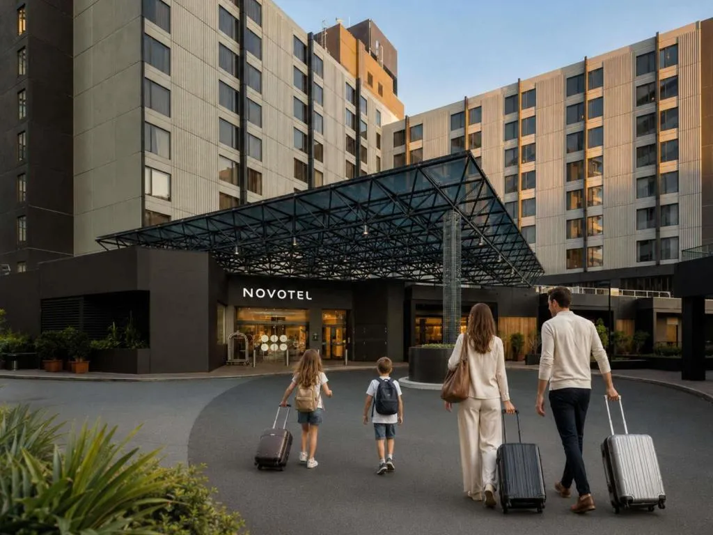 The entrance to Novotel Sydney International Airport as a family arrives with luggage